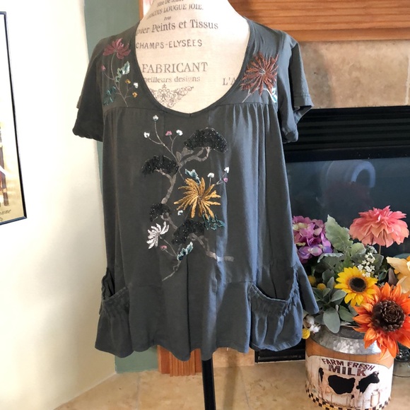 TRIXIE Tops - TRIXIE TOP GREY EMBROIDERED FLORAL